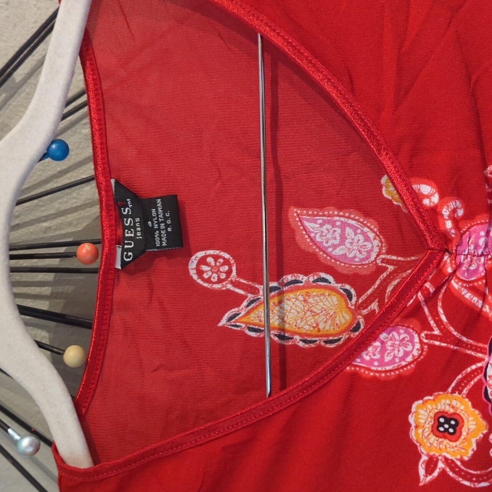 Festival Y2K Guess Jeans Semi Sheer Red Small Stretch Printed Floral Depop Vtg - Picture 8 of 12